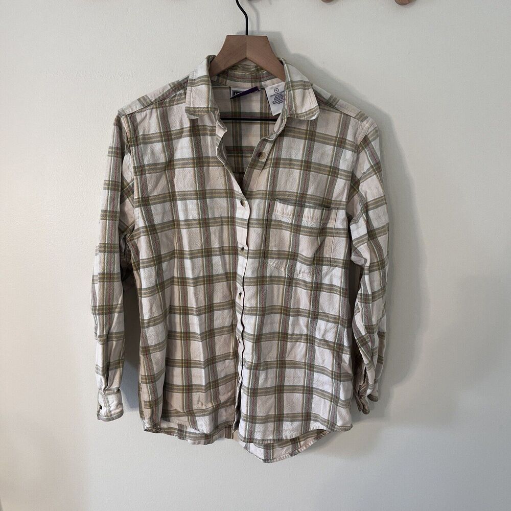 Erika & Co Plaid Button Down Women's Long Sleeve Cream Green Red- Medium